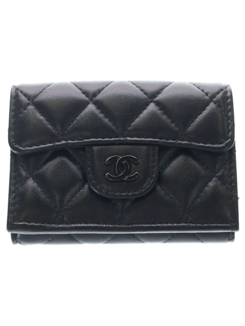 Chanel Quilted Trifold Wallet Compact Coin Purse Thor Black Lambskin
